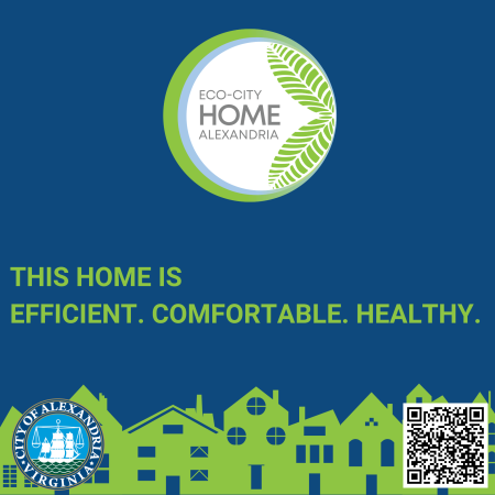 The Eco-City Homes logo sits on a dark blue background. This home is efficient. Comfortable. Healthy. A skyline of a row of homes runs across the bottom.