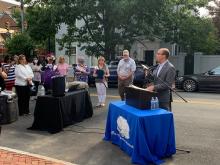 Mayor Wilson addresses the audience at the Suffragist marker unveiling.