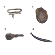 Four excavated objects are shown with numbers referencing the associated label.